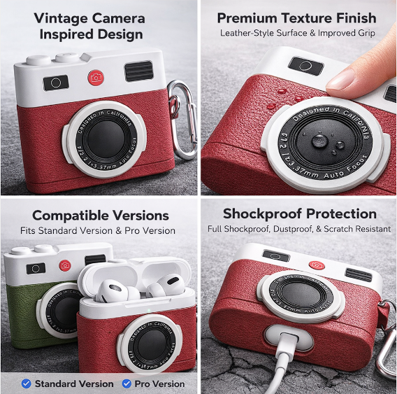 Vintage Camera Earbuds Case / Retro Leather Design / Multi-Color / Shockproof Cover with Carabiner / High Quality