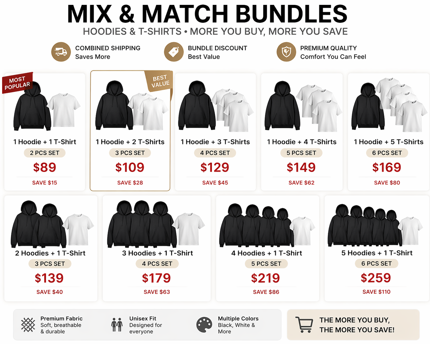 Hoodie & T-Shirt Bundle / Mix & Match Set / Unisex Apparel / Multiple Combinations / OEM & ODM Available / High Quality | Wholesale & Retail