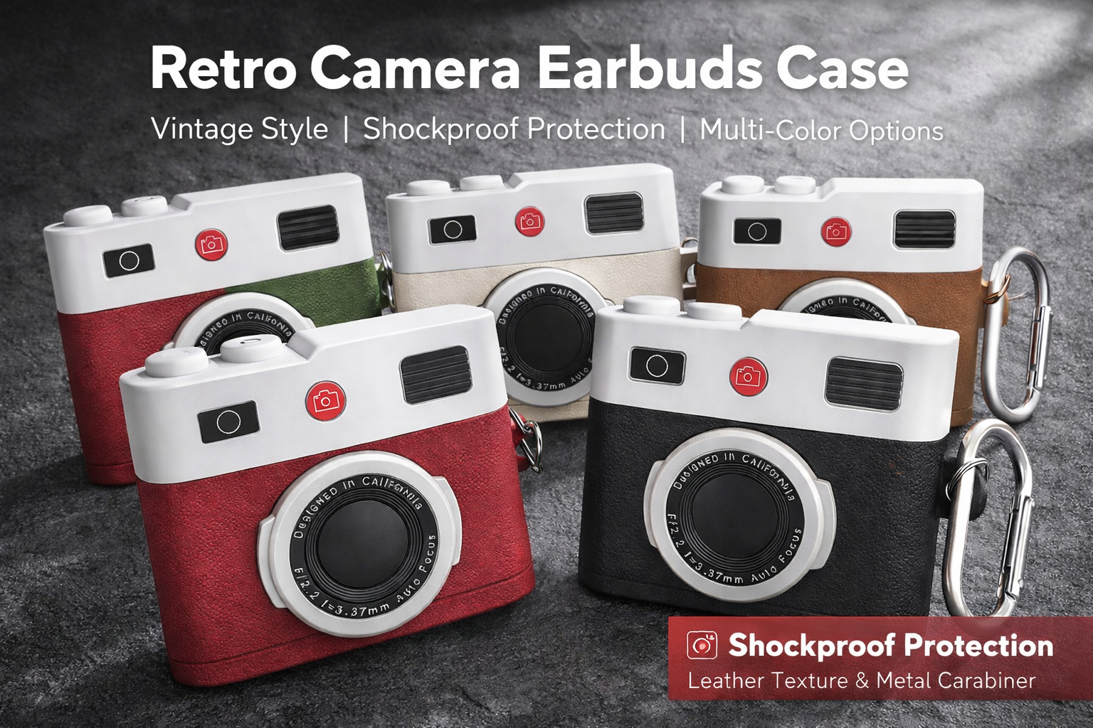Vintage Camera Earbuds Case / Retro Leather Design / Multi-Color / Shockproof Cover with Carabiner / High Quality