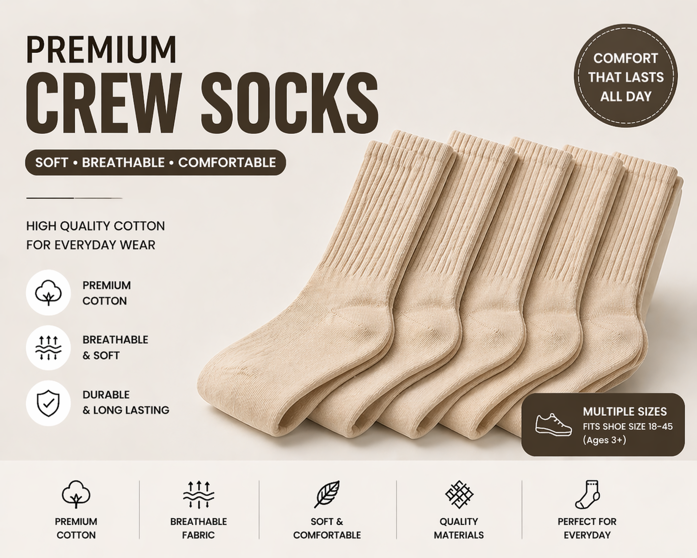 Premium Crew Socks / Unisex Cotton Socks / Multiple Colors / Soft & Breathable / High Quality | Wholesale & Retail