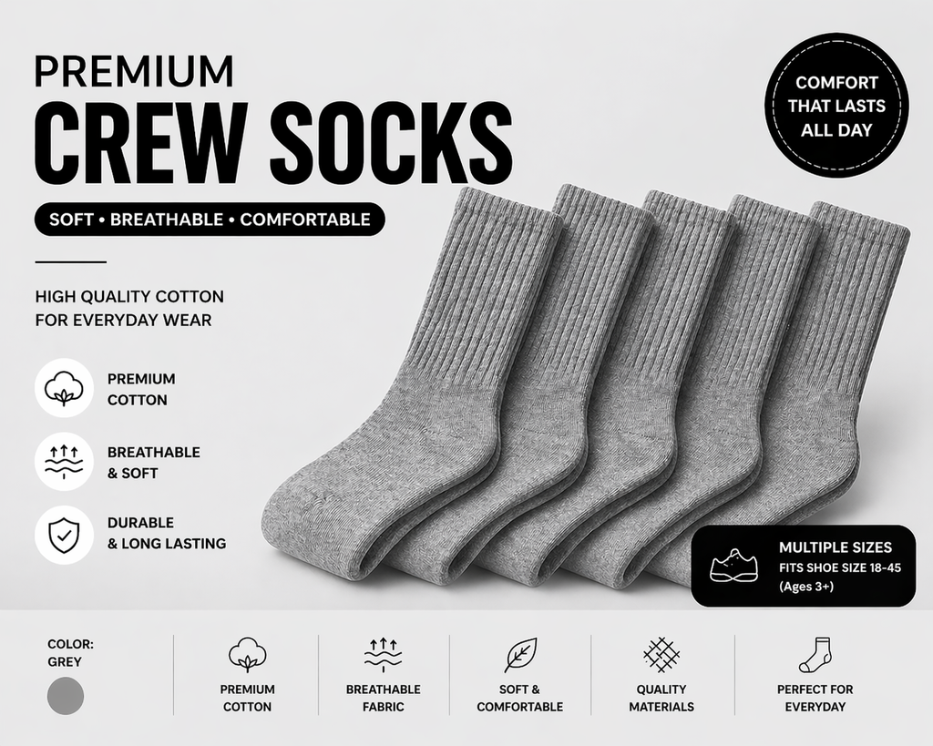 Premium Crew Socks / Unisex Cotton Socks / Multiple Colors / Soft & Breathable / High Quality | Wholesale & Retail