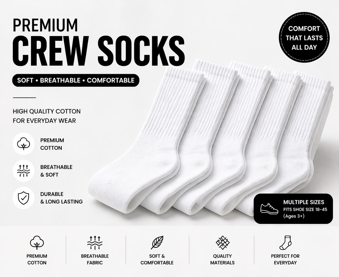 Premium Crew Socks / Unisex Cotton Socks / Multiple Colors / Soft & Breathable / High Quality | Wholesale & Retail