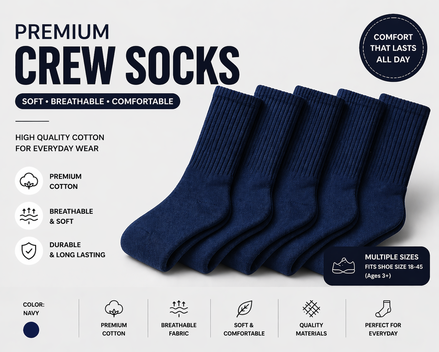 Premium Crew Socks / Unisex Cotton Socks / Multiple Colors / Soft & Breathable / High Quality | Wholesale & Retail